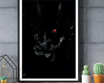 Surreal Wall Art, Falling Figure Print, Black White Red Decor, Dark Minimalist Poster
