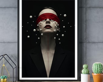 Surreal Woman Portrait, Blindfold Wall Art, Modern Minimalist Print, Contemporary Fine Art