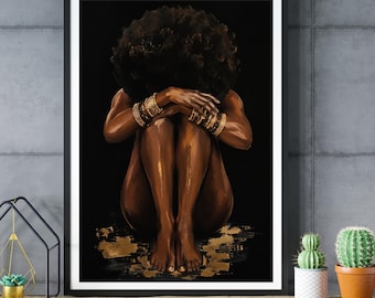 Black Woman Wall Art, Afro Woman Portrait, Gold Accents Print, Minimalist Afrocentric Decor