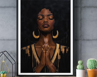 Black Woman Praying Art Print, Spiritual Wall Decor, Afrocentric Portrait, Faith Inspired Artwork