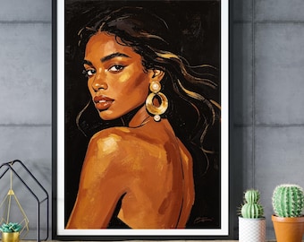 Black Woman Wall Art, Gold Earrings Portrait, Textured Fine Art Print, Afrocentric Decor