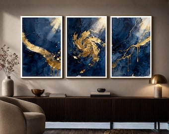 Navy Gold Abstract Wall Art Set, Modern Luxury Decor, Minimalist Prints (Digital Download)