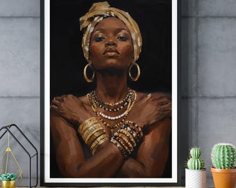 Afro Woman Portrait Art Print, Gold Jewelry Headwrap Painting (Digital Download)