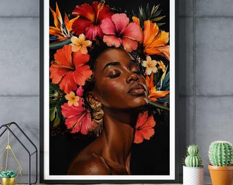 Botanical Wall Art, Black Woman Wall Art, Floral Crown Portrait, Tropical Afro Print, Vibrant Botanical Decor