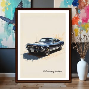 1967 Mustang Fastback väggkonst utskrivbar, blå bilposter, modern inredning