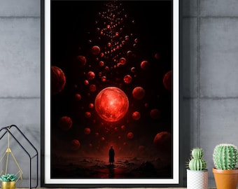 Surreal Space Wall Art, Red Planet Galaxy Print, Sci-Fi Cosmic Poster, Futuristic Decor