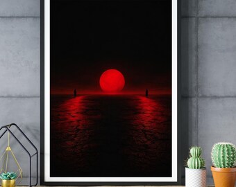 Moon Wall Art, Crimson Moon Print, Dark Surreal Landscape, Moody Ocean Decor Poster