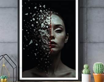 Surreal Fragmented Woman Portrait, Abstract Face Wall Art, Modern Digital Print, Contemporary Decor