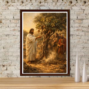 May include: A framed religious painting showing a man in white robes addressing a group of men. The scene is set outdoors with a large tree and warm, golden light. The artwork is framed in a dark brown wooden frame.