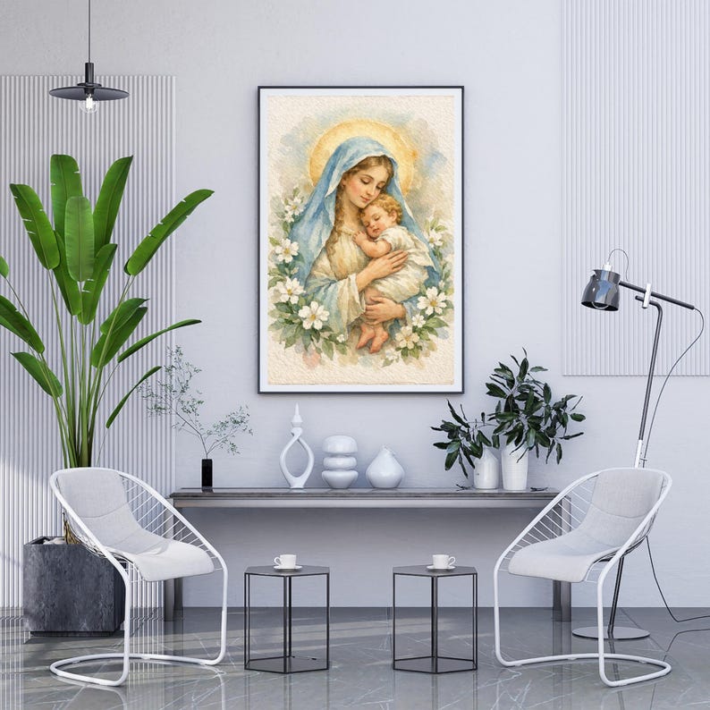 Madonna and Child Watercolor Print, Virgin Mary Baby Jesus Christian ...