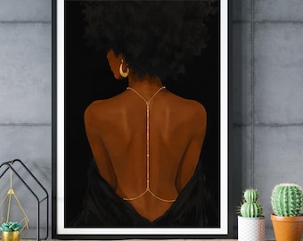 Black Woman Wall Art, Body Chain Portrait, Gold Jewelry Print, Minimalist Afrocentric Decor