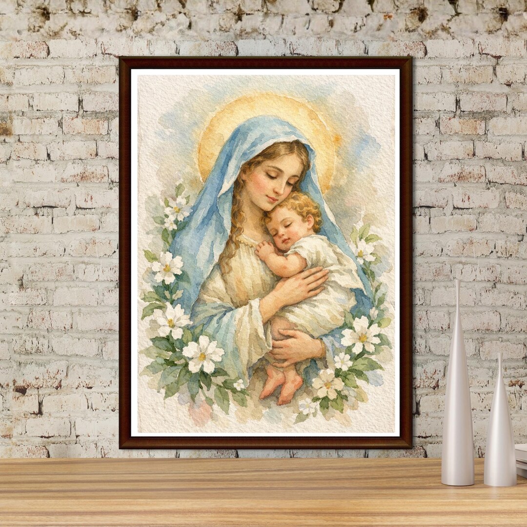 Madonna and Child Watercolor Print, Virgin Mary Baby Jesus Christian ...