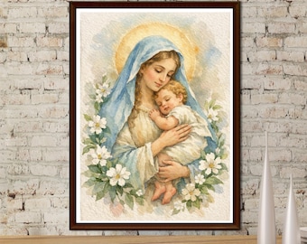 Madonna and Child Watercolor Print, Virgin Mary Baby Jesus Christian Wall Art (Digital Download)