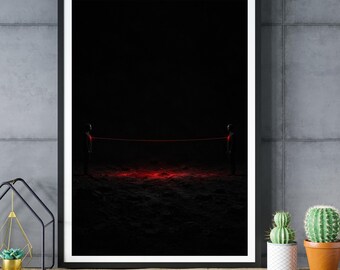 Abstract Figures Wall Art, Red Line Connection Print, Surreal Minimalist Decor