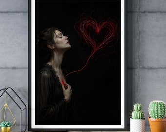 Woman with Red Heart Wall Art, Surreal Romantic Portrait, Dark Moody Fine Art Print