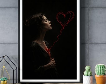 Dark Moody Wall Art, Red Heart Portrait, Surreal Woman Print, Emotional Love Decor Poster
