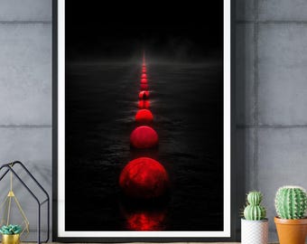 Surreal Red Orb Path Wall Art, Futuristic Minimalist Print, Dark Sci-Fi Landscape Decor