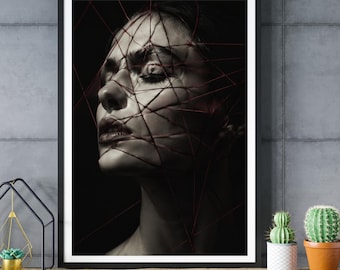 Surreal Woman Portrait Print, Red Thread Wall Art, Dark Minimalist Decor, Emotional Artwork