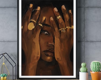 Black Woman Portrait Print, Gold Rings Wall Art, Afrocentric Decor, Modern Artwork