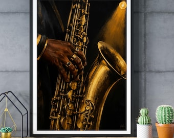 Golden Saxophone Wall Art, Jazz Music Print, Musician Painting, Luxury Instrument Decor