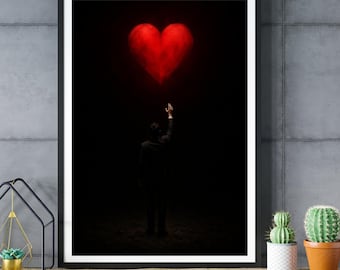 Surreal Wall Art, Red Heart Print, Love Minimalist Decor, Emotional Dark Art Poster