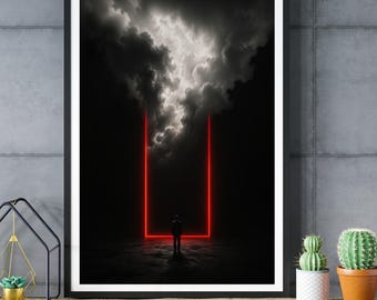 Surreal Neon Portal Print, Stormy Sky Wall Art, Dark Landscape Decor, Sci Fi Artwork