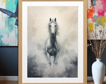 Misty White Horse Wall Art Printable, Equestrian Decor, Modern Home Print (Digital Download)