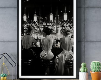 Vintage Bar Scene Print, Old Hollywood Women Photography, Black White Glamour (Digital Download)