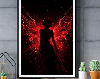 Dark Fantasy Wall Art, Fairy Silhouette Print, Fire Wings Decor, Surreal Feminine Poster