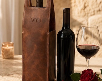 Custom Leather Wine Bag, Valentine's Day Gift for Him, Romantic Wine Carrier, Personalized Bottle Holder, Valentines Gift for Boyfriend
