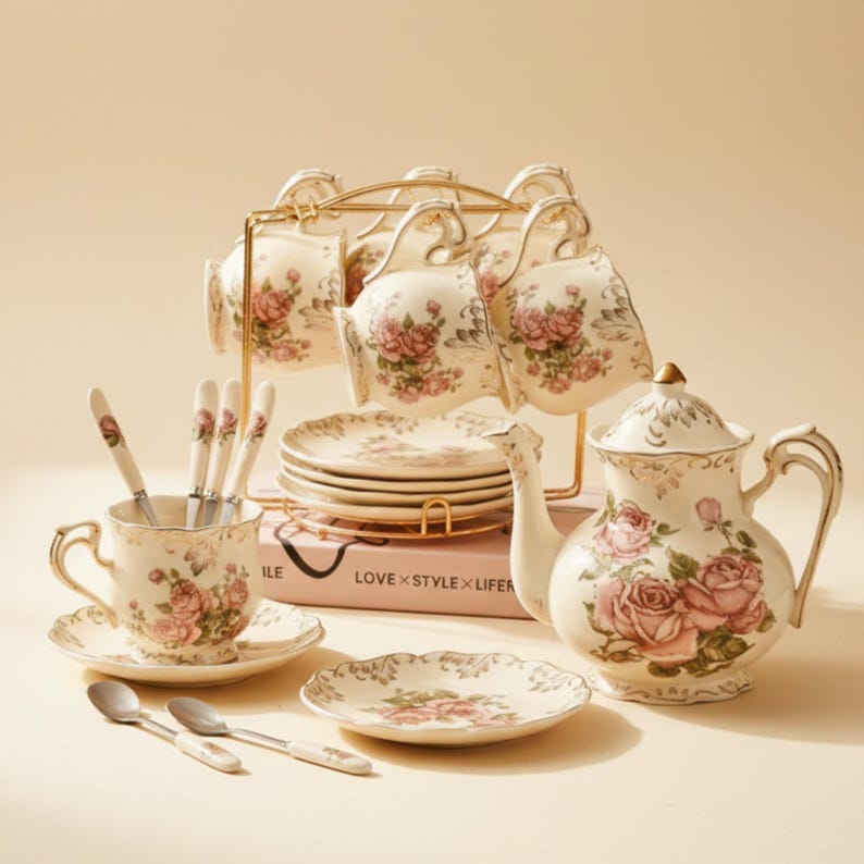 Ivory Floral Tea Cup & Saucer Set – Moroccan-Inspired Ceramic Tea Set with Golden Rack for Elegant Coffee or Tea Time