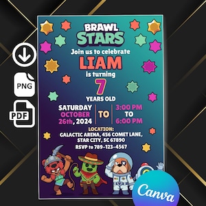 May include: A colorful Brawl Stars-themed birthday invitation. The invitation features the text "Brawl Stars" and "Liam is turning 7 years old." The date is Saturday, October 26th, 2024, with the party from 3:00 PM to 6:00 PM. The location is Galactic Arena, Star City, SC.