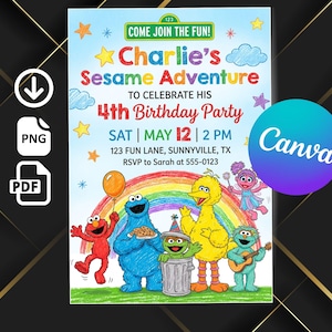 Sesame Street Birthday Invitation Template Editable Canva Elmo Kids Party Invite Cartoon Birthday Printable Digital Instant Download