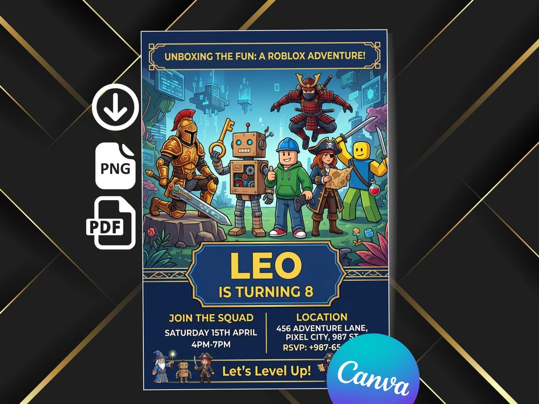 Roblox Birthday Invitation Template Editable Canva Gamer Kids Party ...