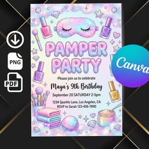 Könnte beinhalten: Eine farbenfrohe Einladung zur "Pamper Party" mit Nagellack, Make-up-Pinseln und einer Schlafmaske. Der Text lautet "Pamper Party" und "Maya's 9th Birthday". Das Canva-Logo ist sichtbar.