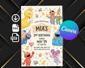 Sesame Street Watercolor Birthday Invitation Template Editable Canva Kids Party Invite Printable Cartoon Digital Download Birthday Evite