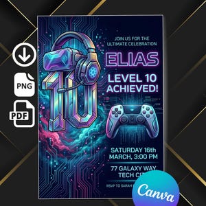 Może przedstawiać: Cyfrowe zaproszenie na uroczystość z okazji 10 poziomu, z neonowym designem. Zaproszenie zawiera zestaw słuchawkowy, kontroler do gier oraz tekst "ELIAS LEVEL 10 ACHIEVED!" ze szczegółami wydarzenia. Tło ma wzór płytki drukowanej.