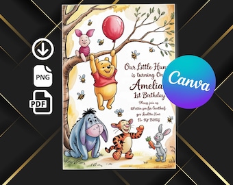 Könnte beinhalten: Eine farbenfrohe Geburtstagseinladung mit Winnie-the-Pooh-Figuren. Puuh hängt an einem Ast und hält einen roten Ballon. Der Einladungstext lautet "Our Little Hun is turning One Amelia 1st Birthday".