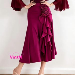 High Waist Ruffled Latin Dance Skirt, Ballroom Waltz Performance Skirt