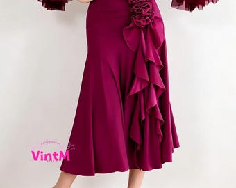High Waist Ruffled Latin Dance Skirt, Ballroom Waltz Performance Skirt