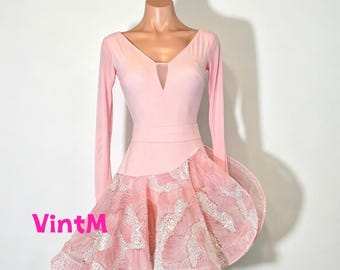 Custom Pink Latin Dance Competition Dress, Long Sleeve Sparkly Floral Costume, Professional Dancewear