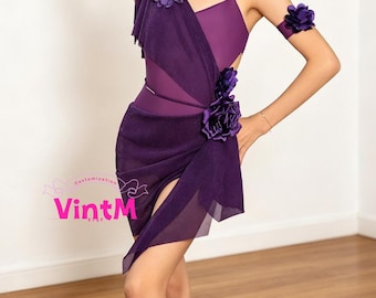 Purple Floral Latin Dance Dress for Girls Kids Competition Practice Wear