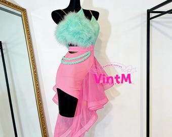 Customizable Latin Dance Dress, Feather Trim, Ruffle Skirt