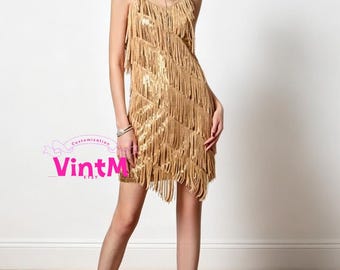1920s Vintage Sequin Fringe Flapper Dress, Roaring 20s Charleston Latin Dance Party Dress