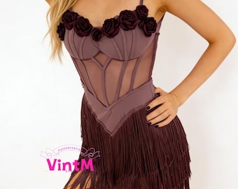 Fringe Latin Dance Dress,Purple Burgundy Rumba Cha Cha Performance Costume, Practice Wear