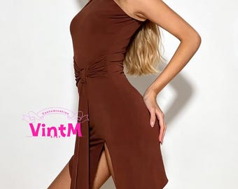 Black/Brown One-Shoulder Latin Dance Dress with Asymmetrical Slit for Salsa
