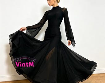 Svart höghalsad, transparent långärmad balsalklänning för vals och modern dans