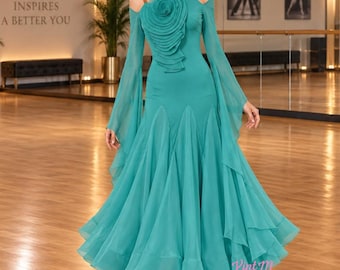 Custom Standard Ballroom Dance Dress, Waltz Tango Competition Gown, Floral Ballroom Costume for Performance