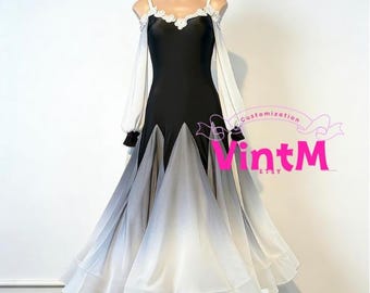 Custom Waltz Ombre Ballroom Dance Dress: Lace Trim Costume, Adult Women, Cha Cha