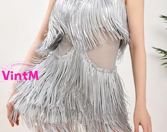 Spaghetti Strap Sequin Tassel Latin Dance Dress Silver for Women Performance